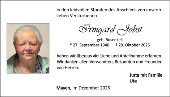 Traueranzeige von Irmgard Jobst von WochenSpiegel