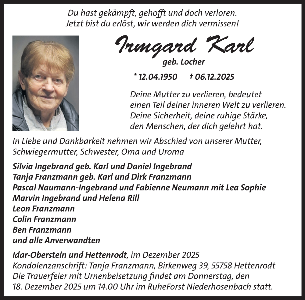 Traueranzeige für Irmgard Karl vom 13.12.2025 aus WochenSpiegel
