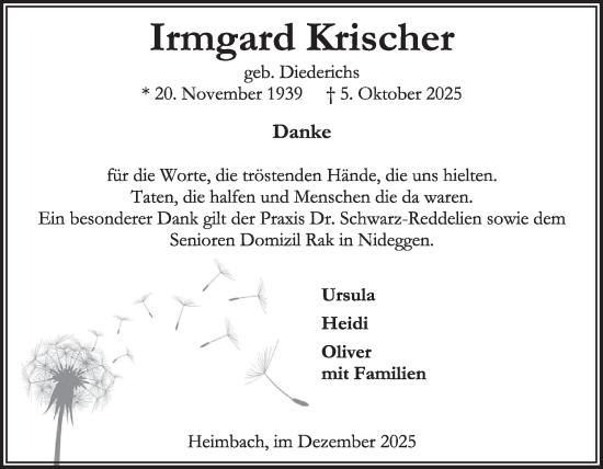 Traueranzeige von Irmgard Krischer von WochenSpiegel