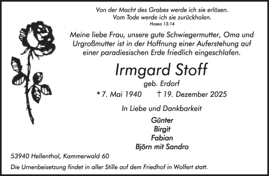 Traueranzeige von Irmgard Stoff von WochenSpiegel