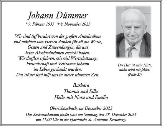 Traueranzeige von Johann Dümmer von WochenSpiegel