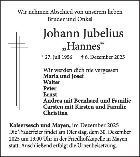 Traueranzeige von Johann Jubelius von WochenSpiegel