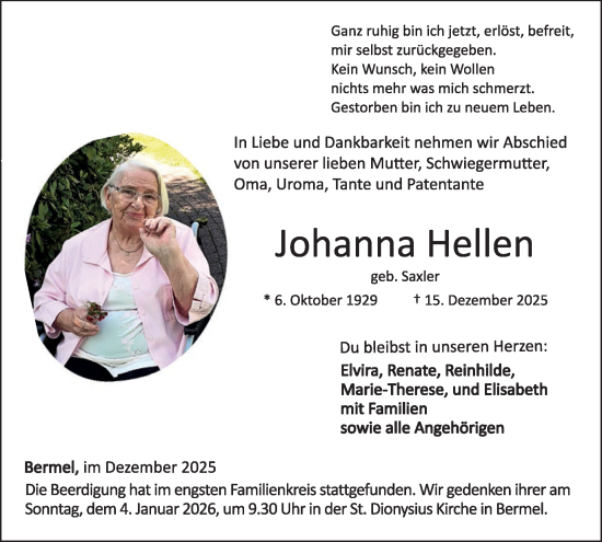 Traueranzeige von Johanna Hellen von WochenSpiegel