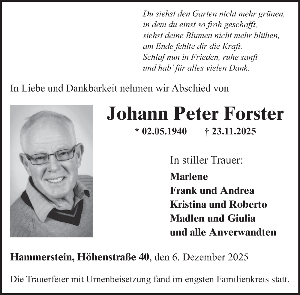  Traueranzeige für Johann Peter Forster vom 06.12.2025 aus WochenSpiegel