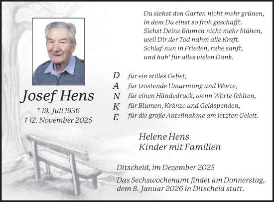 Traueranzeige von Josef Hens von WochenSpiegel