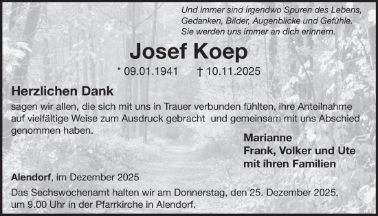 Traueranzeige von Josef Koep von WochenSpiegel