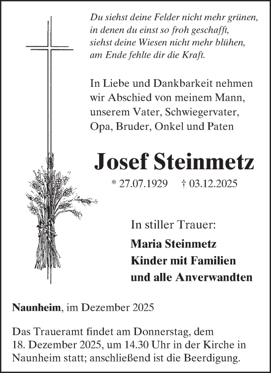Traueranzeige von Josef Steinmetz von WochenSpiegel