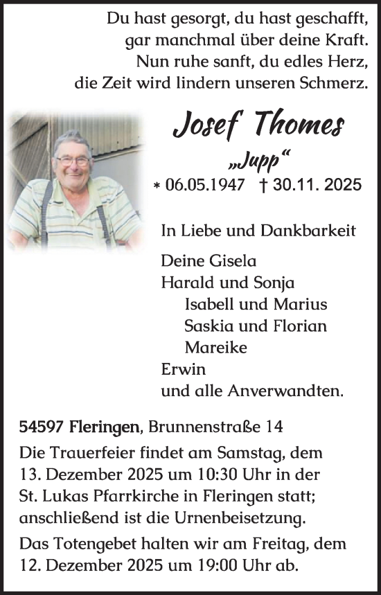 Traueranzeige von Josef Thomes von WochenSpiegel