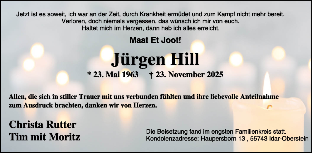  Traueranzeige für Jürgen Hill vom 20.12.2025 aus WochenSpiegel