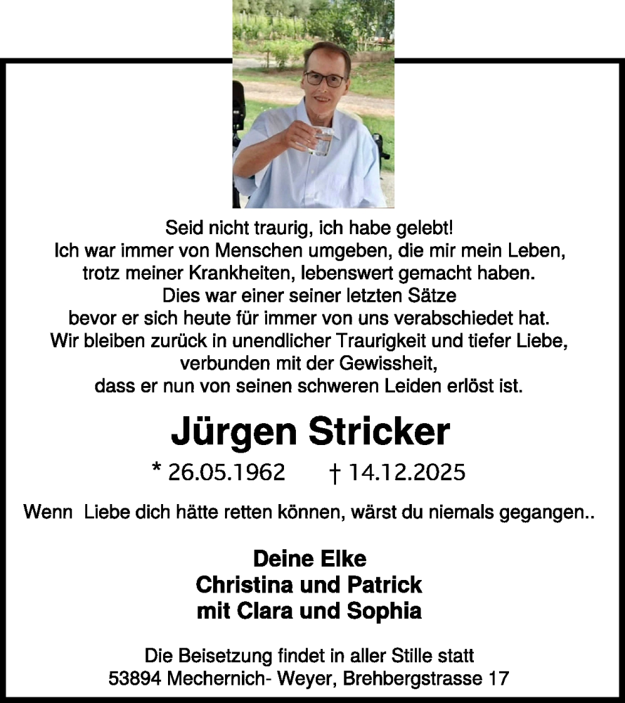  Traueranzeige für Jürgen Stricker vom 17.12.2025 aus WochenSpiegel