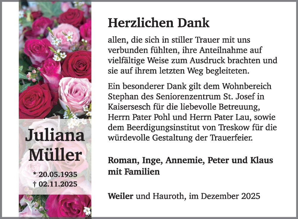  Traueranzeige für Juliana Müller vom 17.12.2025 aus WochenSpiegel