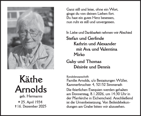 Traueranzeige von Käthe Arnolds von WochenSpiegel