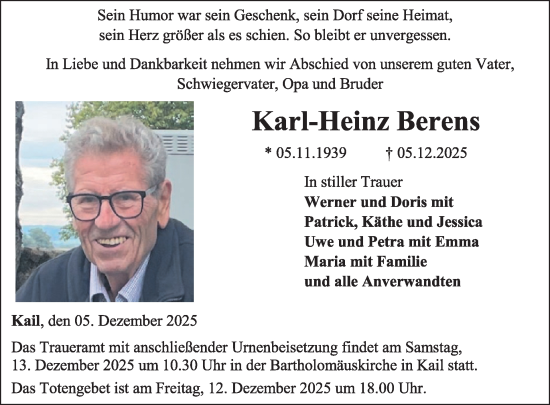 Traueranzeige von Karl-Heinz Berens von WochenSpiegel