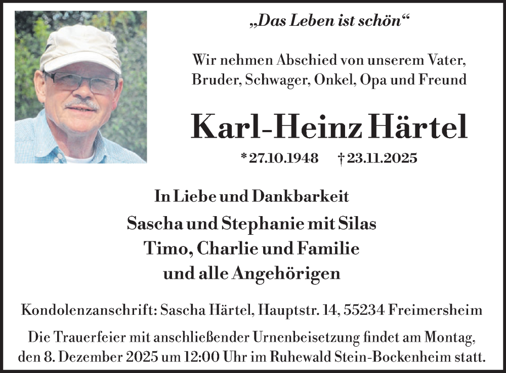  Traueranzeige für Karl-Heinz Härtel vom 06.12.2025 aus WochenSpiegel