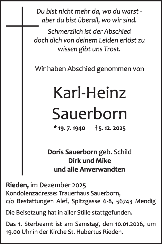 Traueranzeige von Karl-Heinz Sauerborn von WochenSpiegel