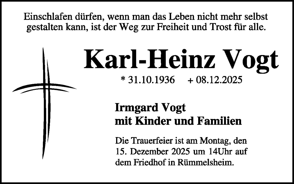  Traueranzeige für Karl-Heinz Vogt vom 13.12.2025 aus WochenSpiegel