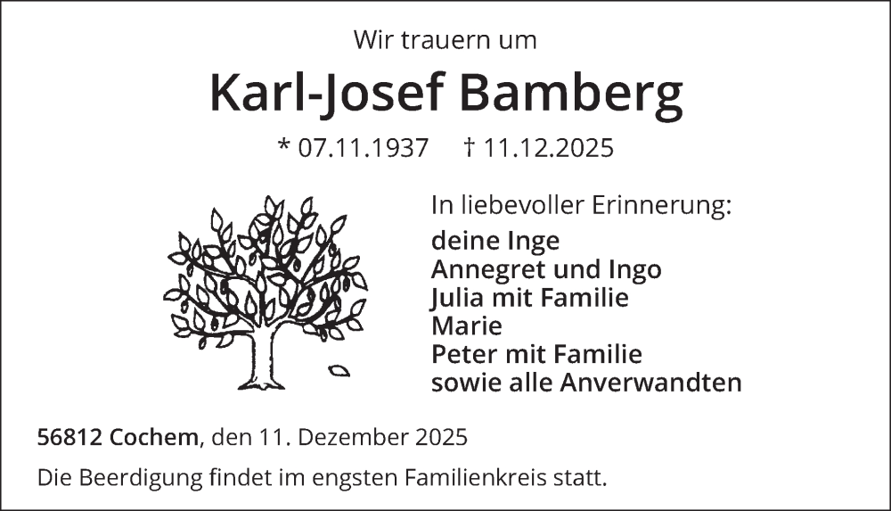  Traueranzeige für Karl-Josef Bamberg vom 17.12.2025 aus WochenSpiegel