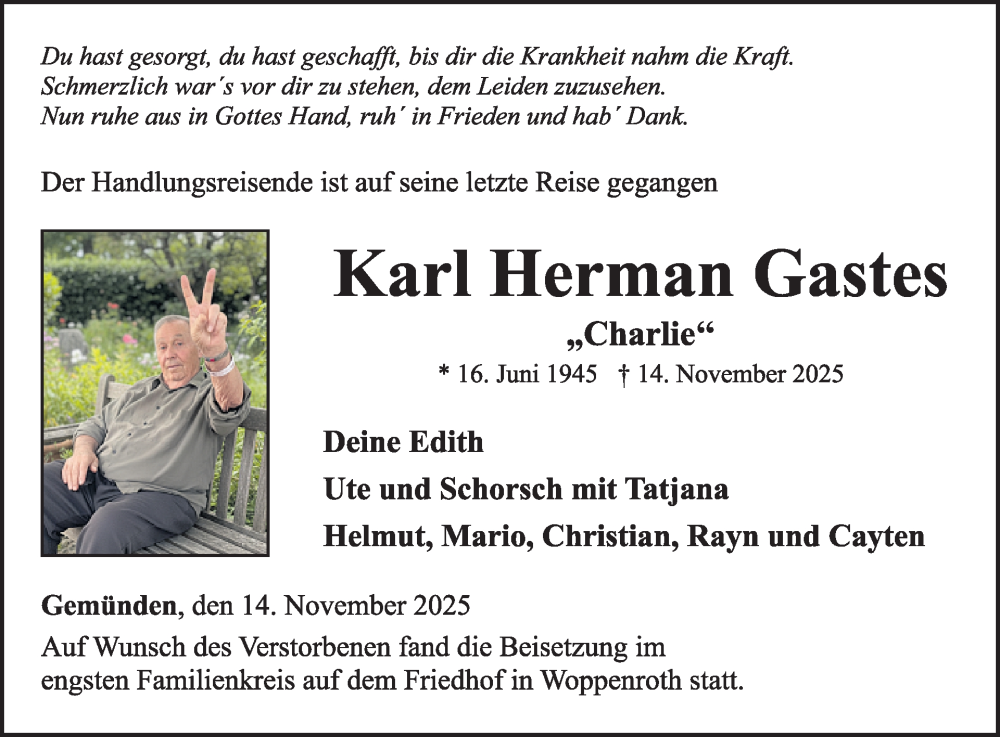 Traueranzeige für Karl Herman Gastes vom 06.12.2025 aus WochenSpiegel
