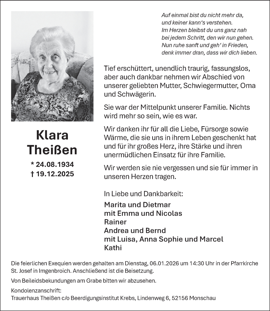  Traueranzeige für Klara Theißen vom 31.12.2025 aus WochenSpiegel
