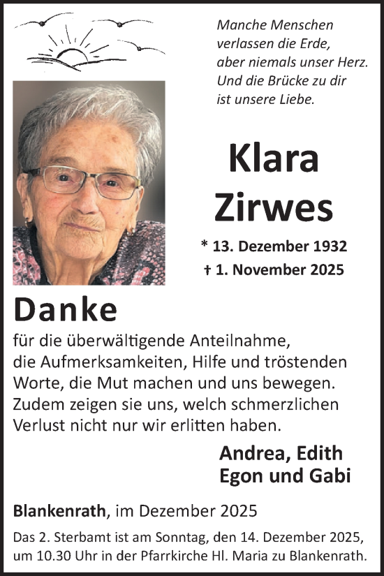 Traueranzeige von Klara Zirwes von WochenSpiegel