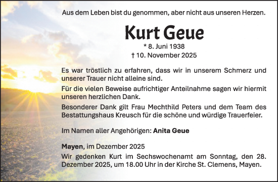 Traueranzeige von Kurt Geue von WochenSpiegel