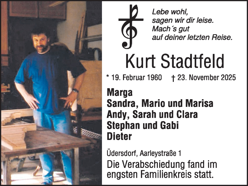  Traueranzeige für Kurt Stadtfeld vom 06.12.2025 aus WochenSpiegel