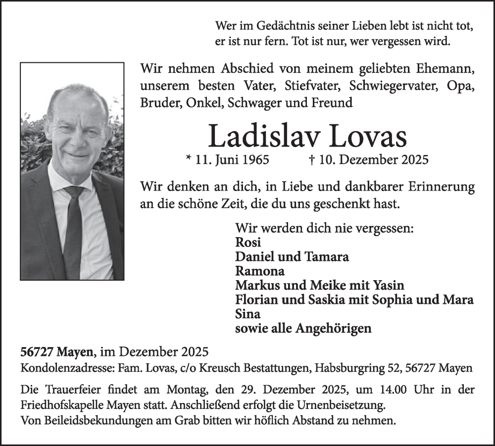  Traueranzeige für Ladislav Lovas vom 17.12.2025 aus WochenSpiegel