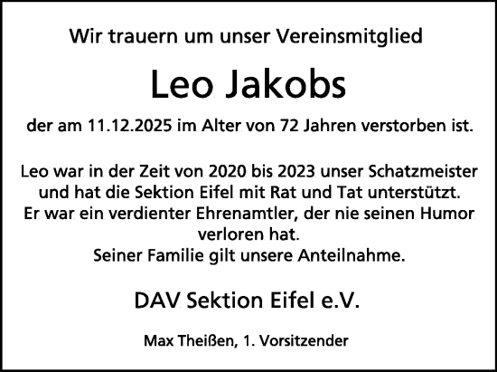 Traueranzeige von Leo Jakobs von WochenSpiegel