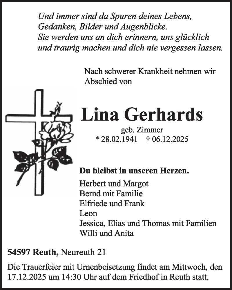  Traueranzeige für Lina Gerhards vom 13.12.2025 aus WochenSpiegel