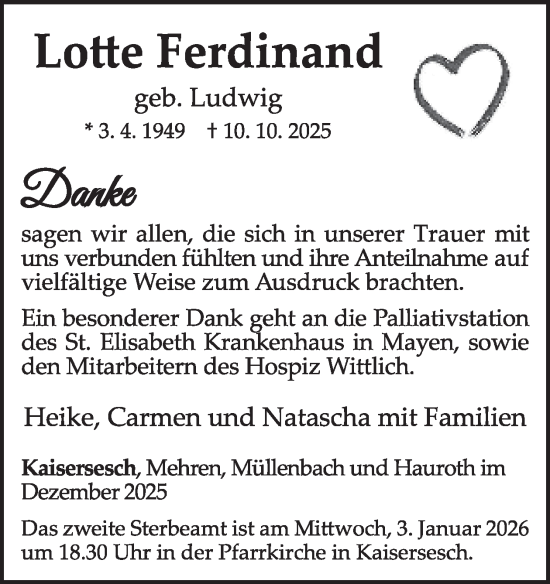 Traueranzeige von Lotte Ferdinand von WochenSpiegel