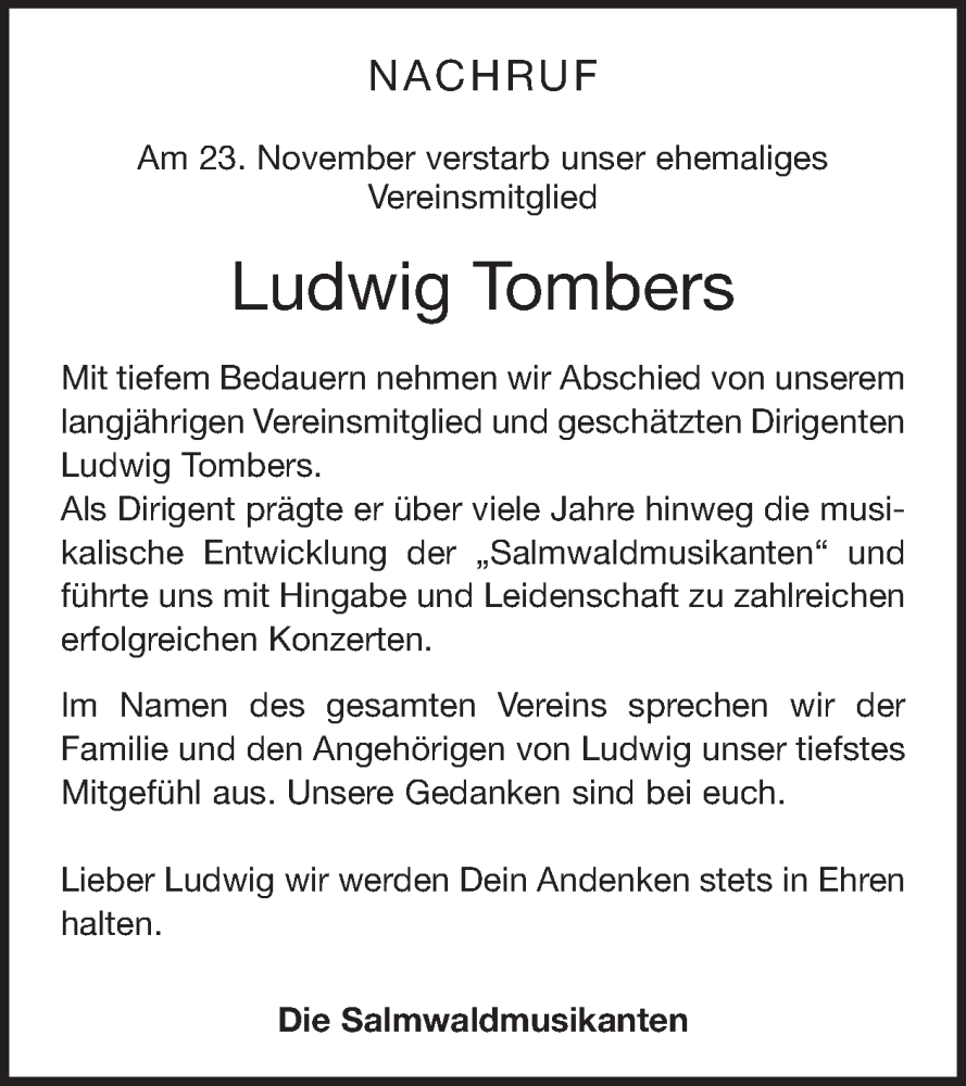  Traueranzeige für Ludwig Tombers vom 13.12.2025 aus WochenSpiegel