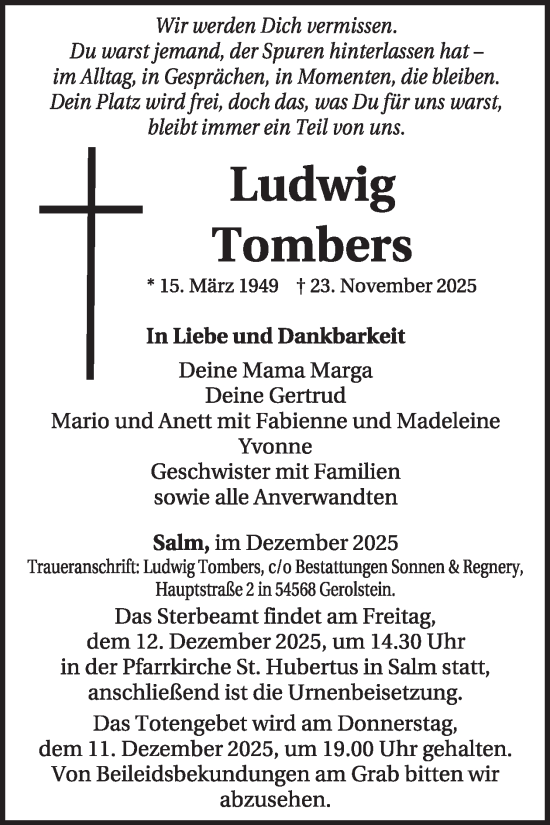 Traueranzeige von Ludwig Tombers von WochenSpiegel