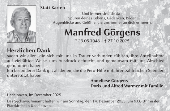Traueranzeige von Manfred Görgens von WochenSpiegel