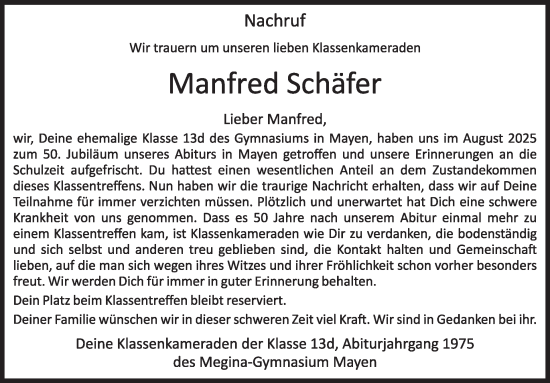 Traueranzeige von Manfred Schäfer von WochenSpiegel