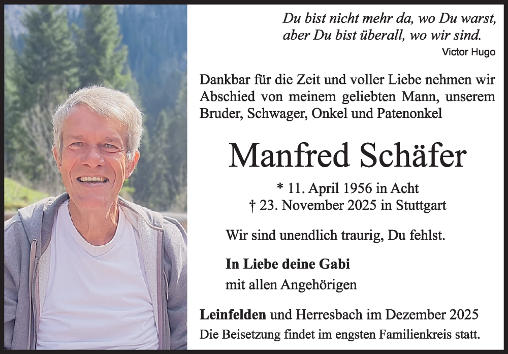  Traueranzeige für Manfred Schäfer vom 10.12.2025 aus WochenSpiegel