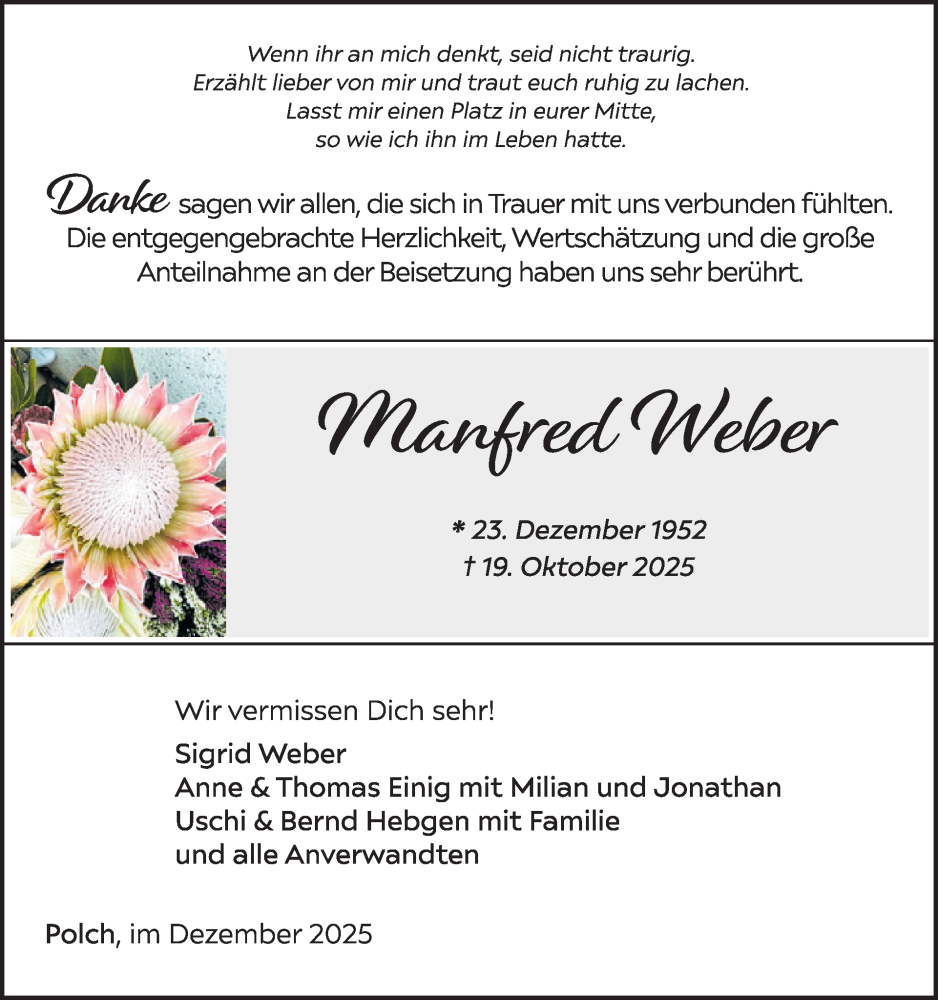  Traueranzeige für Manfred Weber vom 03.12.2025 aus WochenSpiegel