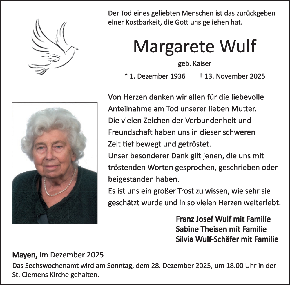  Traueranzeige für Margarete Wulf vom 24.12.2025 aus WochenSpiegel