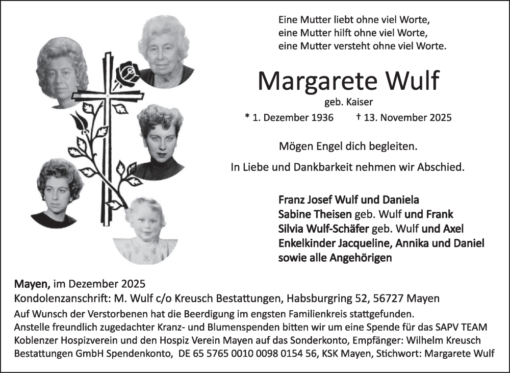  Traueranzeige für Margarete Wulf vom 03.12.2025 aus WochenSpiegel