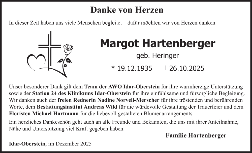  Traueranzeige für Margot Hartenberger vom 13.12.2025 aus WochenSpiegel