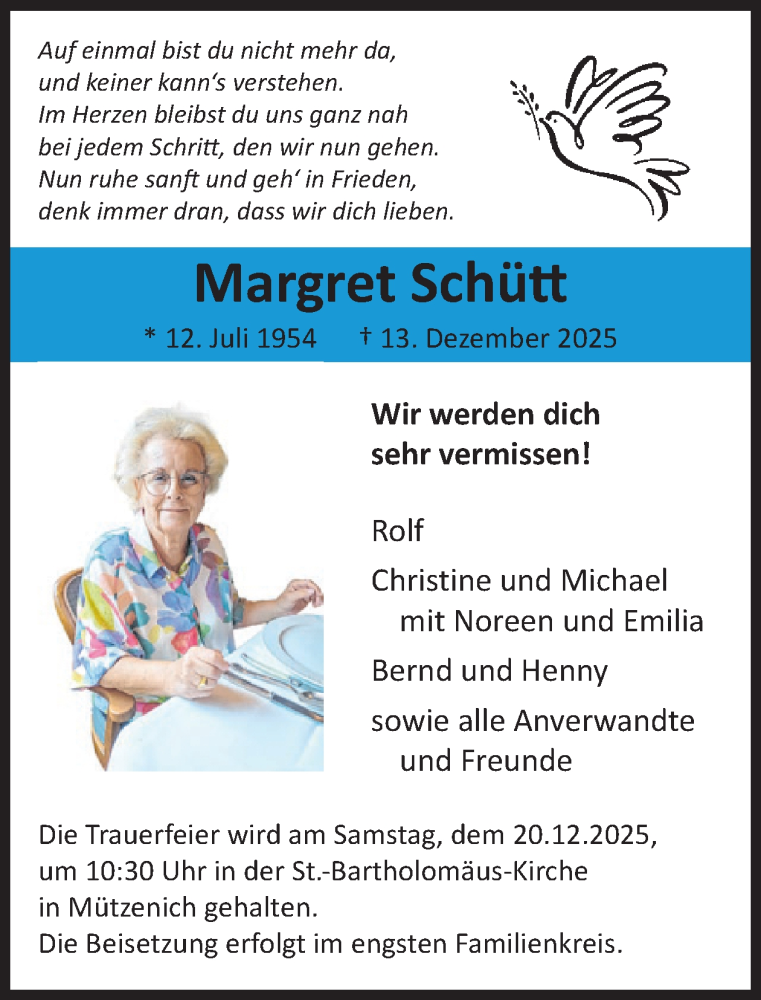  Traueranzeige für Margret Schütt vom 17.12.2025 aus WochenSpiegel