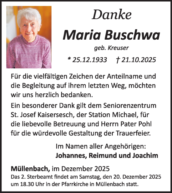 Traueranzeige von Maria Buschwa von WochenSpiegel