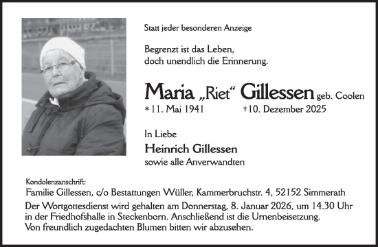 Traueranzeige von Maria Gillessen von WochenSpiegel