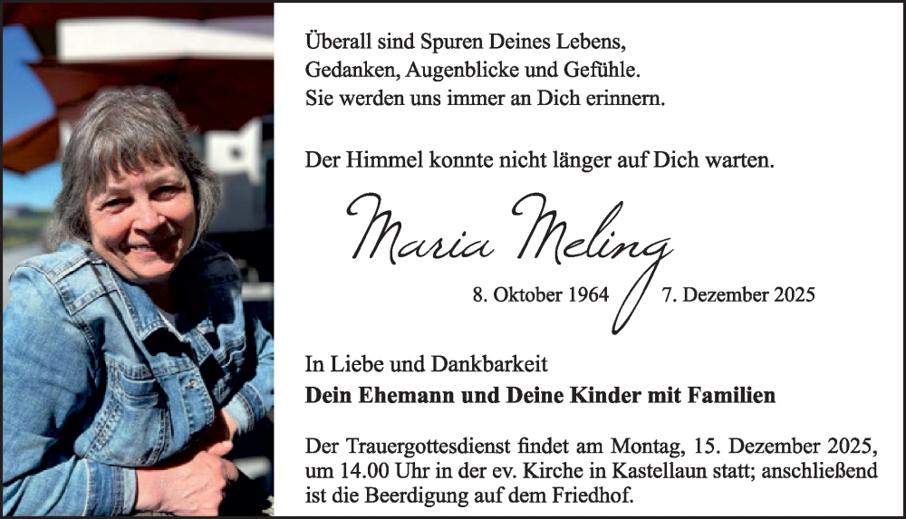  Traueranzeige für Maria Meling vom 13.12.2025 aus WochenSpiegel