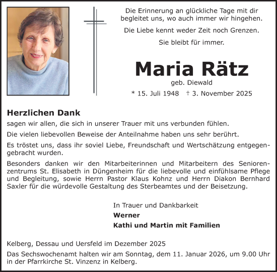 Traueranzeige von Maria Rätz von WochenSpiegel