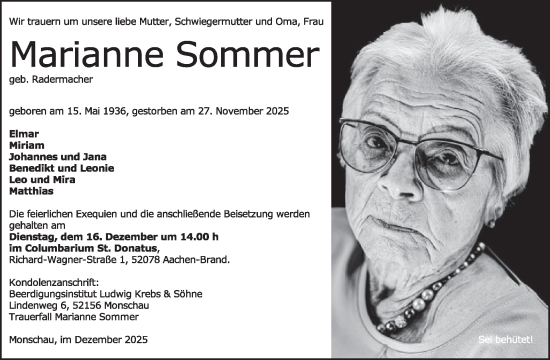 Traueranzeige von Marianne Sommer von WochenSpiegel