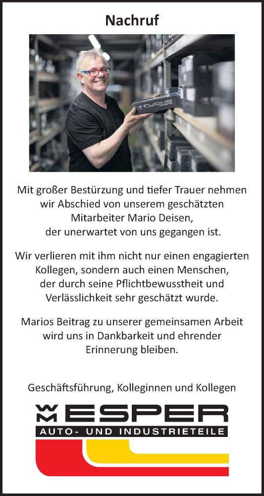 Traueranzeige von Mario Deisen von WochenSpiegel