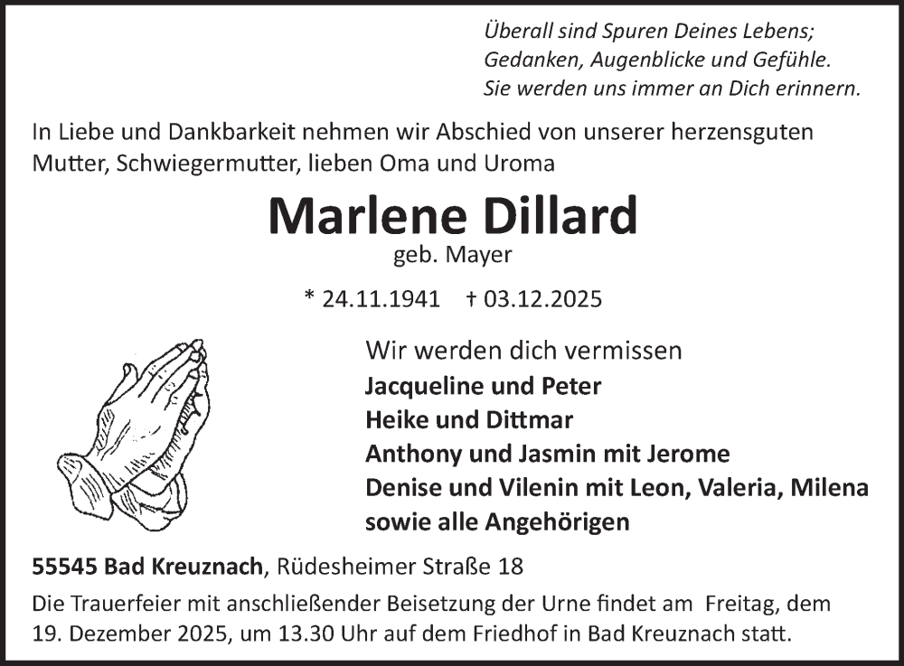  Traueranzeige für Marlene Dillard vom 13.12.2025 aus WochenSpiegel