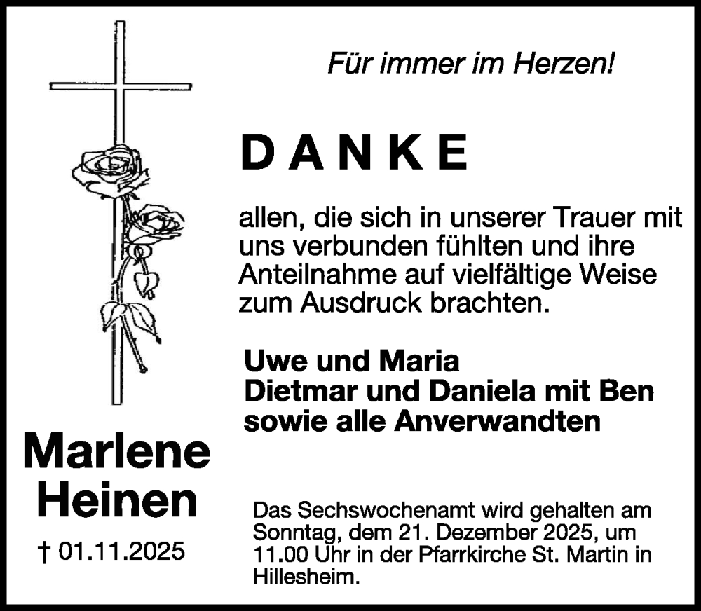  Traueranzeige für Marlene Heinen vom 13.12.2025 aus WochenSpiegel