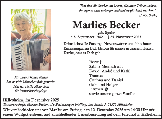 Traueranzeige von Marlies Becker von WochenSpiegel