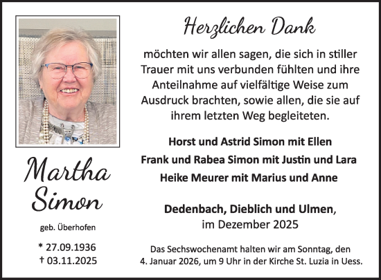 Traueranzeige von Martha Simon von WochenSpiegel